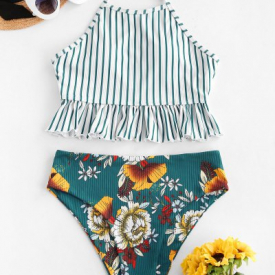 ZAFUL Striped Flower Ribbed Ruffle Halter Tankini Swimwear