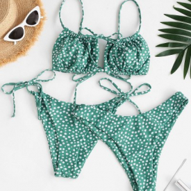 ZAFUL Ditsy Print Cutout High Leg Three Piece Bikini Swimwear