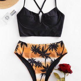 ZAFUL Coconut Palm V-notch Underwire Reversible Tankini Swimsuit