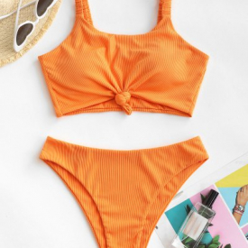 ZAFUL Knot Elasticated Straps Ribbed Tankini Swimwear