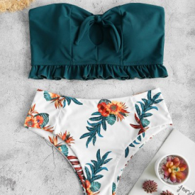 ZAFUL Flower Ruffle Tied Keyhole Mix and Match Tankini Swimwear