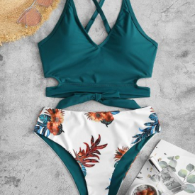 ZAFUL Reversible Criss Cross Floral Tankini Swimwear
