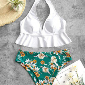 ZAFUL Halter Flounce Plant Print Tankini Swimwear