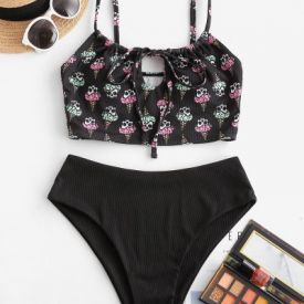 ZAFUL Halloween Skulls Print Tie Ribbed Tankini Swimwear