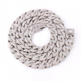 Luxury Full Rhinestone Diamond Silver Cuban Link Chain Necklace