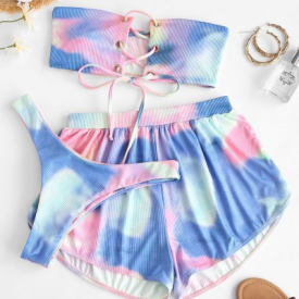 ZAFUL Ribbed Tie Dye Lace Up Bandeau Three Piece Bikini Swimwear