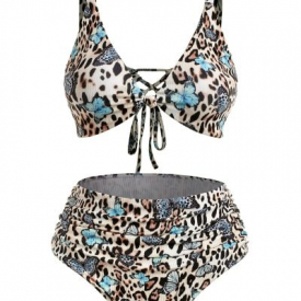 ZAFUL Plus Size Ribbed Leopard Butterfly Ruched Bikini Swimwear