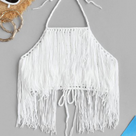 High Neck Crochet Fringed Bikini Top