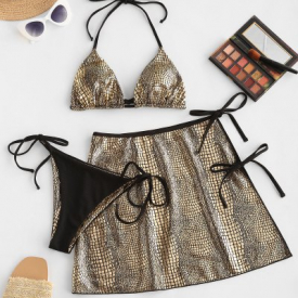 ZAFUL Metallic Snakeskin Ribbed Three Piece String Bikini Swimwear