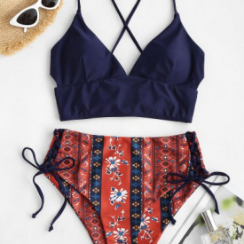 ZAFUL Bohemian Lace Up High Waisted Tankini Swimsuit
