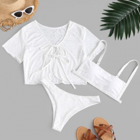 ZAFUL Broderie Anglaise Self-tie Three Piece Bikini Swimsuit