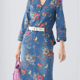 Blue 3/4 Sleeve Floral-print V Neck Midi Dress