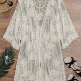 Sheer Lace Tie Front Kimono Cover Up