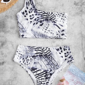 ZAFUL Leopard Ribbed One Shoulder High Waisted Tankini Swimwear