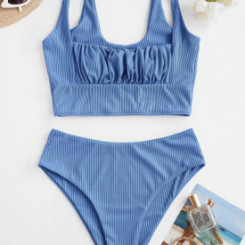 ZAFUL Square Ribbed Ruched Tankini Swimwear