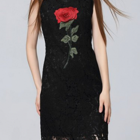 Black Lace Guipure Lace Crew Neck Sleeveless Mini Dress