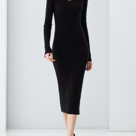 Elegant Boat Neck Plain Ripped Long Sleeve Knitted Sweater Dress