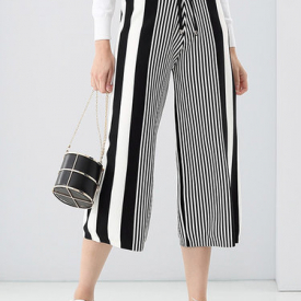 Black Stripes Wool Blend Casual Wide Leg Pants