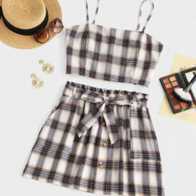 ZAFUL Plus Size Checked Smocked Back Two Piece Dress