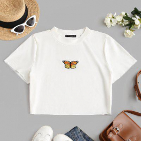 ZAFUL Plus Size Raw Hem Butterfly Embroidered Baby Tee