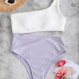 ZAFUL One Shoulder Bicolor Textured Rib Cutout One-piece Swimsuit
