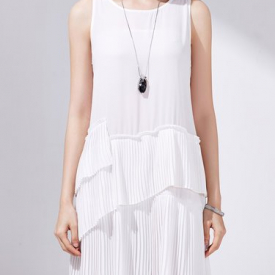 White Sleeveless H-line Pleated Mini Dress