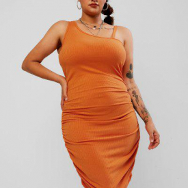 ZAFUL Plus Size Ribbed Ruched Skew Neck Bodycon Dress