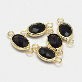 Oval Faceted Golden Brass Glass Links/Connectors, Black, 15×6.5×3.2mm, Hole: 1mm