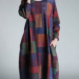 Multicolor Long Sleeve Checkered/Plaid H-line Midi Dress
