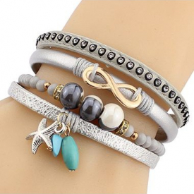 Layered Bead and Rhinestone Embellished Silver Bracelet