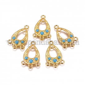 Alloy Chandelier Components Links, with Enamel, Drop, DeepSkyBlue, Golden, 28.5×17.5×2.5mm, Hole: 2mm