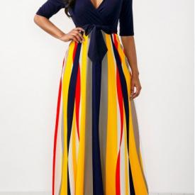 Rainbow Color Half Sleeve Striped Maxi Dress