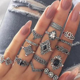 Bohemian Ancient Anemone Silver Fifteen-piece Rings Set