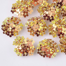 PVC Paillette Cabochons, Cluster Beads, with Glass Seed Beads and Golden Plated Brass Perforated Disc Settings, Flower, Orange, 20~23×10~11mm