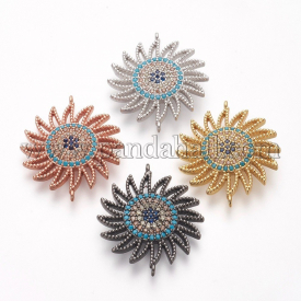 Environmental Brass Links, with Cubic Zirconia, Lead Free & Cadmium Free & Nickel Free, Sun, Colorful, Mixed Color, 26.5x22x3mm, Hole: 1mm