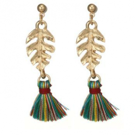 Vintage Ear Drop Earring Gold Leaf Fabric Colorful Tassels