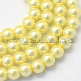 Baking Painted Pearlized Glass Pearl Round Bead Strands, ChampagneYellow, 8~9mm, Hole: 1mm; about 105pcs/strand, 31.4″