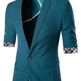 One Button Lapel Plaid Hemming Three-Quarter Sleeves Men’s Blazer