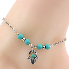 Delicate Cut Out Hand Eye Turquoise Beads Charm Anklet For Women