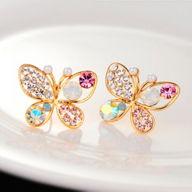 Pair of Rhinestone Fake Pearl Butterfly Earrings