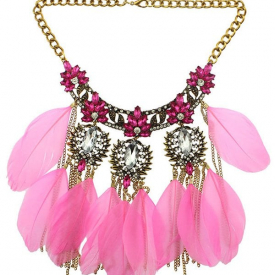 Rhinestone Faux Crystal Feather Leaf Necklace