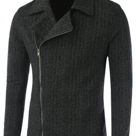 Lapel Collar Diagonal Zip-Up Geometric Pattern Jacket