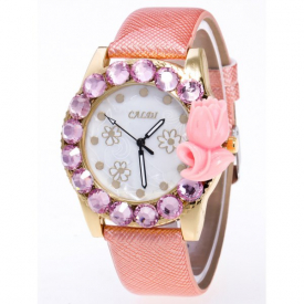 Faux Leather Rhinestone Flower Watch