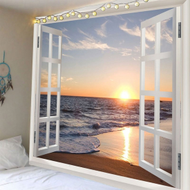 Sea Wave Sunset Beach 3D Window Wall Tapestry