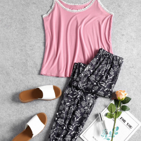 Lace Trim Cami Floral Pajama Set
