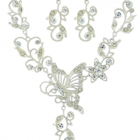 Butterfly Flower Decoration Rhinestone Pendant Necklace with Earrings