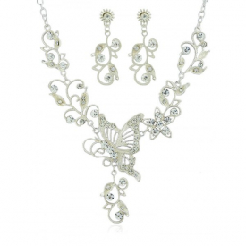 Rhinestone Butterfly Flower Decoration Hanging Necklace with Earrings