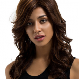 Long Inclined Bang Wavy Colormix Human Hair Wig