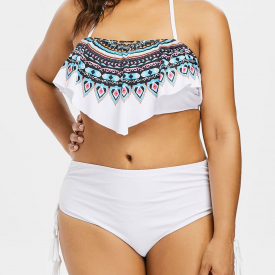 Plus Size Tribal Print Halter Overlay Bikini Set