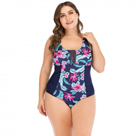 Sexy Floral Print Spliced Mesh Sleeveless Padded Wire Free Plus Size Women Swimsuit